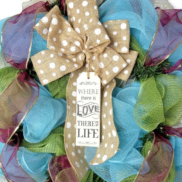 Holiday Mesh Wreath with Bowtie - Multiseason Easter Spring Christmas - Picture 5 of 6